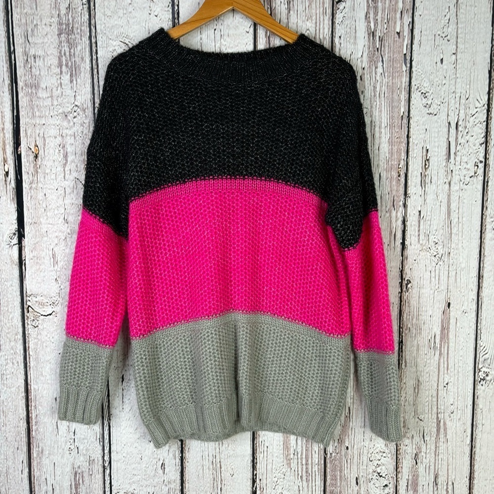 Honeyme Chunky Knit Colorblock Sweater Size Medium Black Pink Gray Pullover Soft